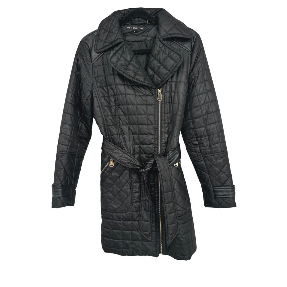 Via Spiga Quilted Moto Jacket Women Medium Black Belted Faux Leather Trim Puffer